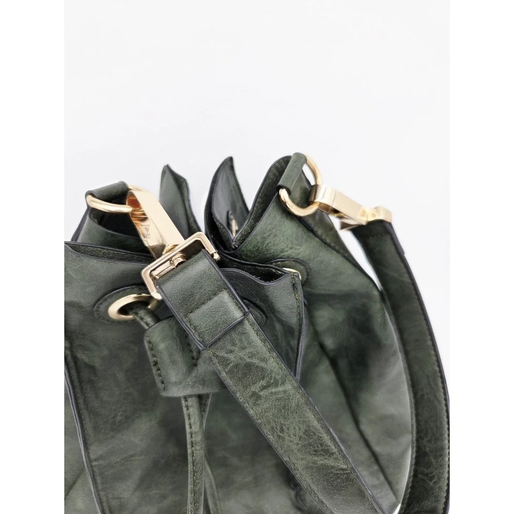 Green Gold Pleated Bucket Bag Large Open Hobo bag Triangle Cinch‎ top Shoulder